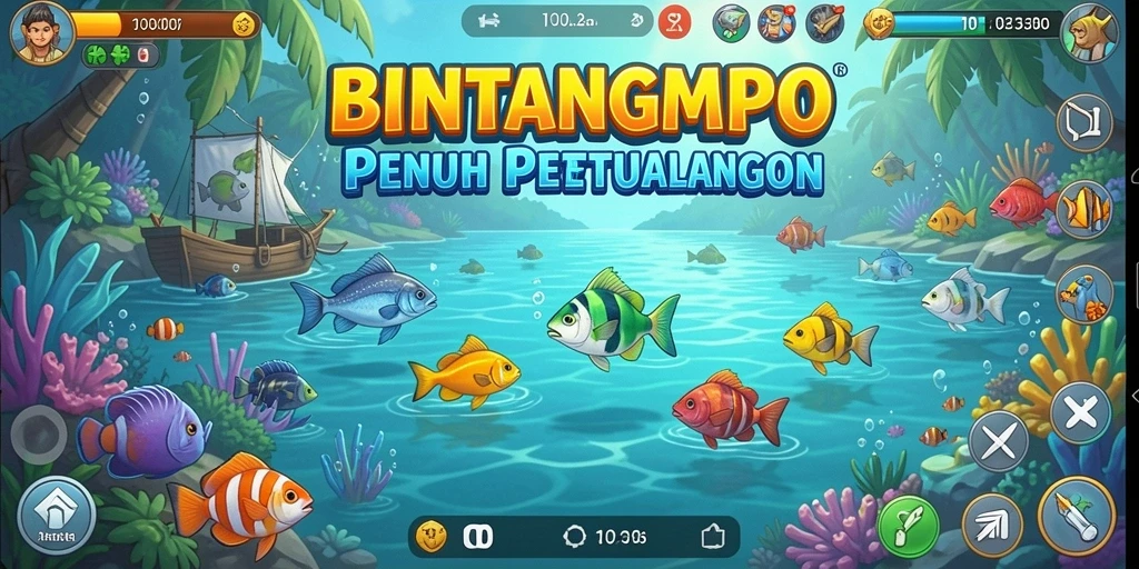 Gambar gameplay BINTANGMPO yang menampilkan saat memancing di danau.