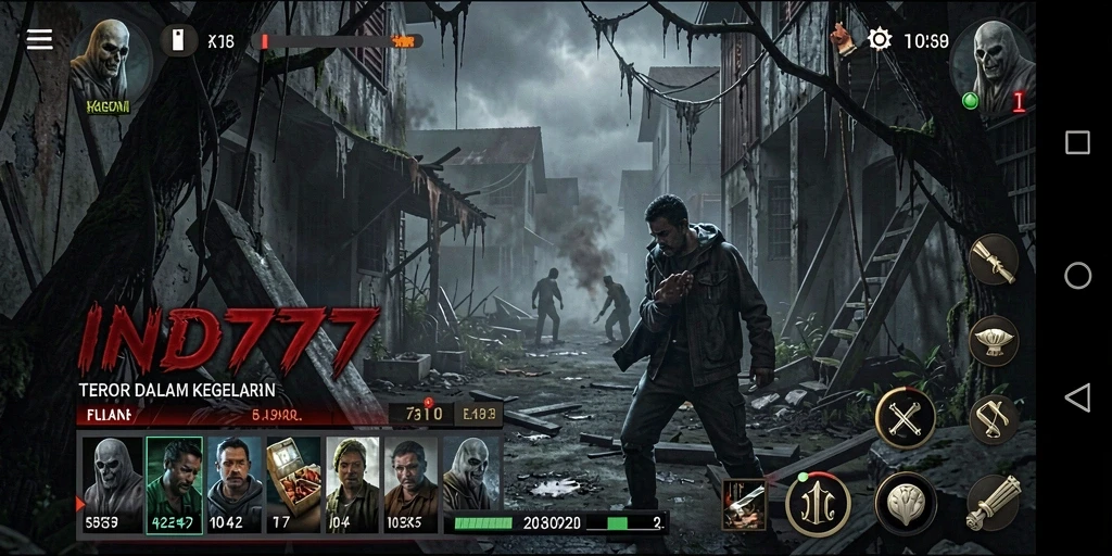 Tampilan gameplay menegangkan dari IND777 dengan efek suara menyeramkan.
