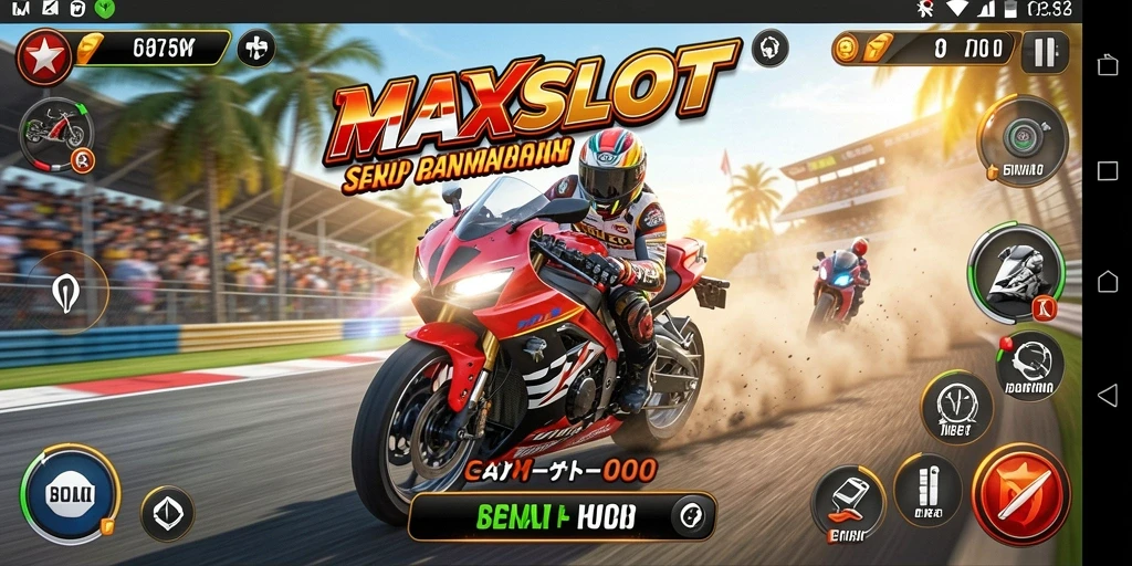 Screenshot gameplay MAXSLOT dengan balapan motor yang mendebarkan.