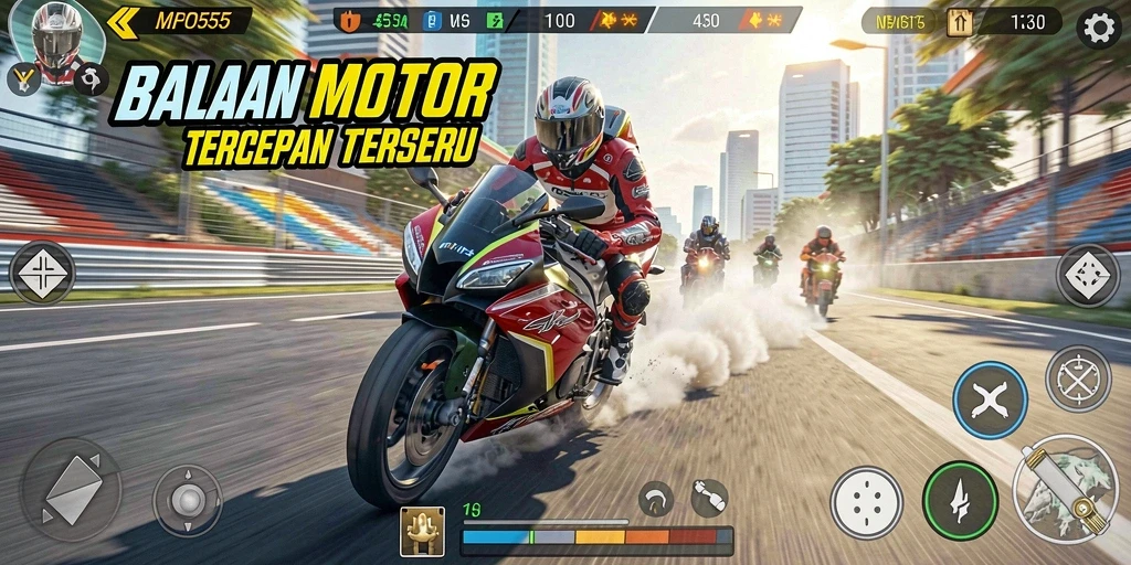 Screenshot menunjukkan aksi balap motor yang mendebarkan dan grafis yang mempesona.