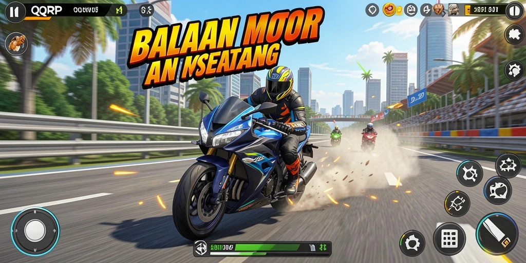 Screenshot utama gameplay QQRP menampilkan balapan motor yang mendebarkan.