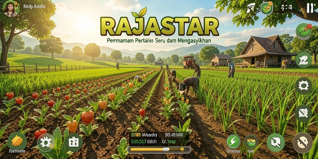 Screenshot utama RAJASTAR menampilkan lahan pertanian yang subur dan penuh aktivitas.